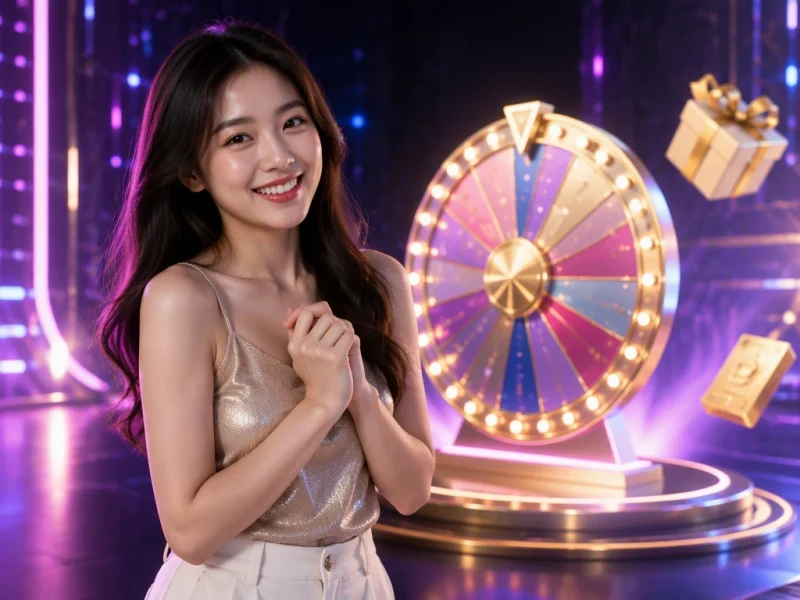 Người chơi ngồi trước màn hình quay lucky spin game với ánh sáng neon xanh và hồng